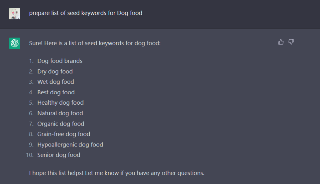 keyword research for Dog food on chatgpt
