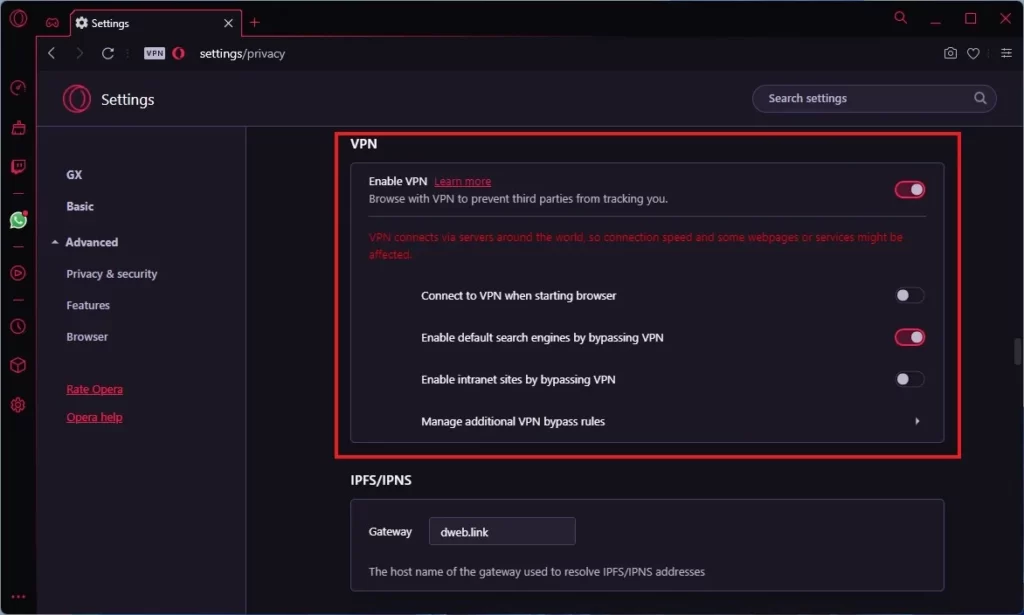 enable vpn in opera gx browser