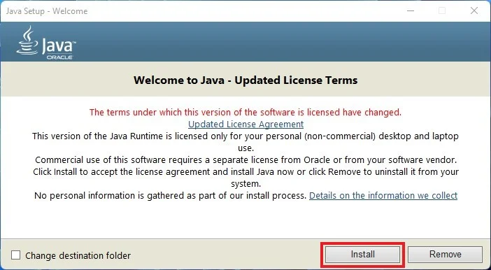 jre install option window