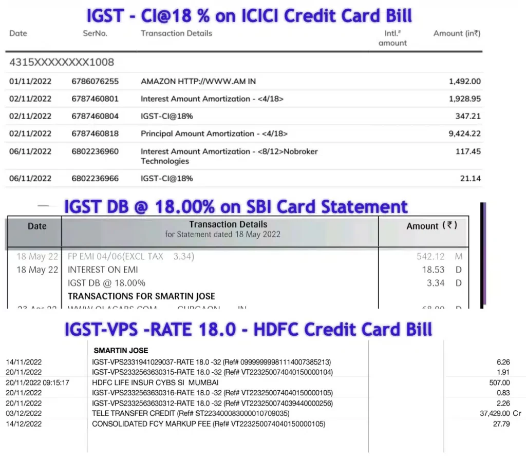 IGST rate on ICICI SBI HDFC
